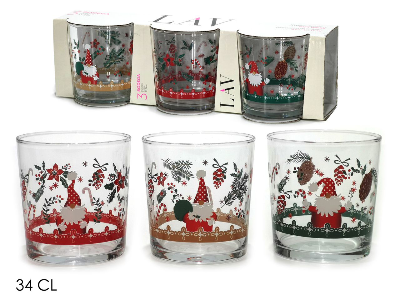 Bicchieri bodega capacita' 345cc decorazioni babbo natale - la confezione comprende 3 bicchieri