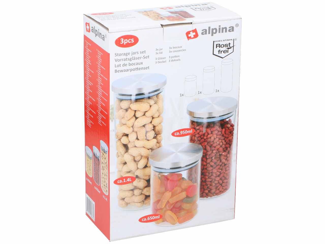 Contenitori 3 pezzi in vetro borosilicato e coperchio in acciaio inox 650ml/950ml/1,4l