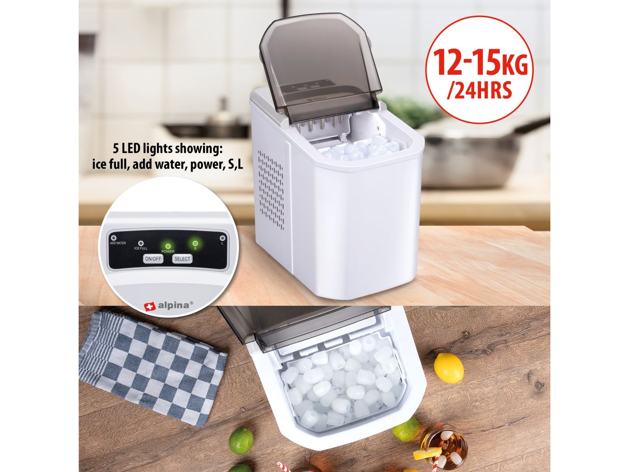 Macchina per il ghiaccio in polipropilene 220/240v 112w 12/15kg/hrs misura 31x23x32,5cm peso 7,2kg marchio alpina