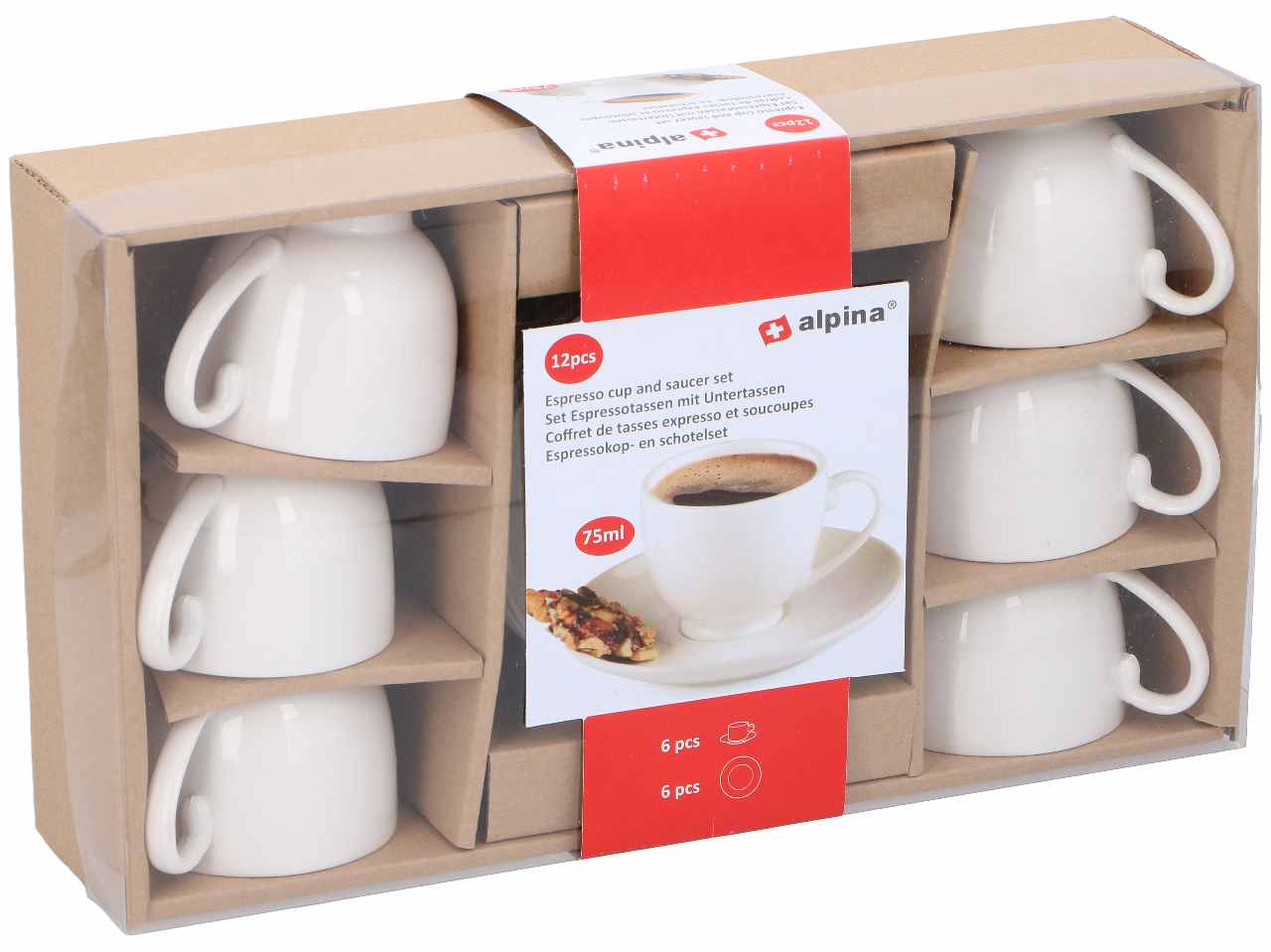 Alpina 6 tazzine per caffè 75ml con piattini 12,5cm in gres