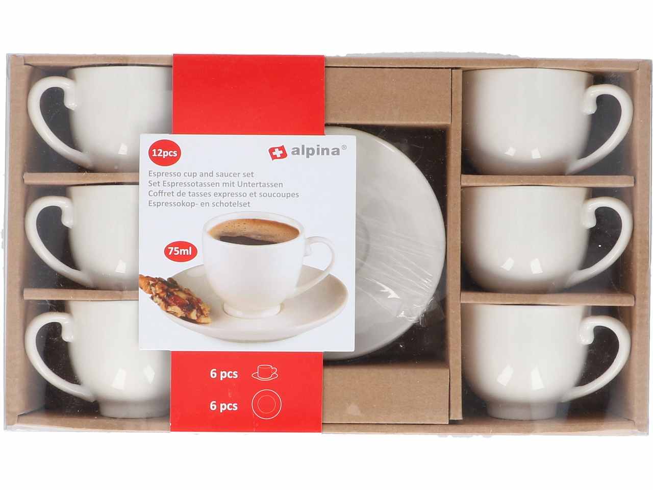 Alpina 6 tazzine per caffè 75ml con piattini 12,5cm in gres