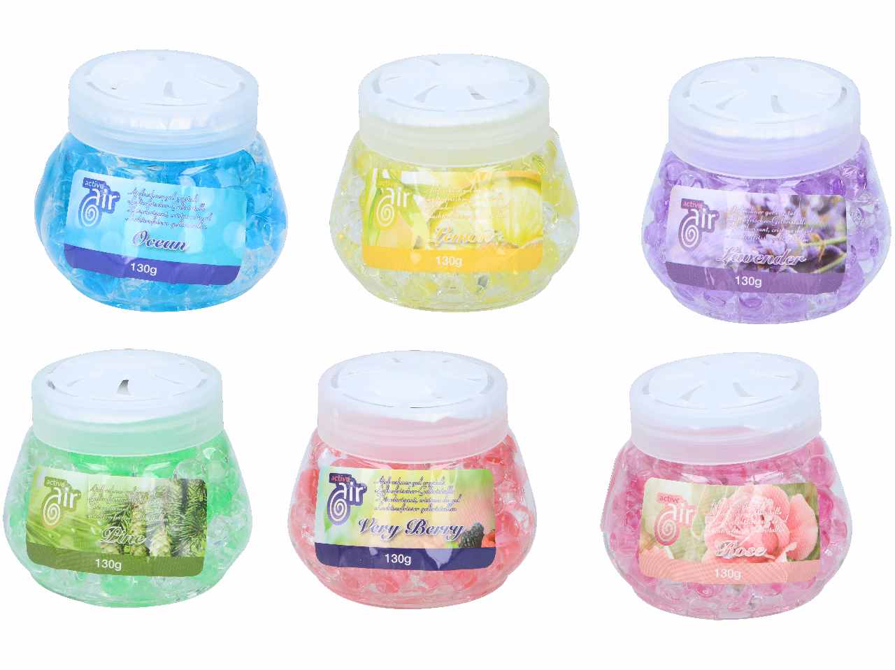 Deodorante per ambienti 130g in 6 assortimenti vaniglia oceano lavanda frutti rossi pino e rose misura 7x8x8cm marca activeair