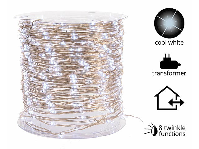Luci natalizie micro catena led con 8 funzioni effetto scintillio colore argento bianco freddo misura lun.1195cm misura del led micro numero di led 240