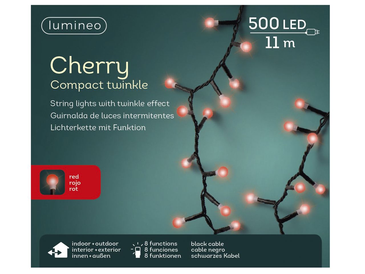 Luci natalizie led a ciliegina con 8 funzioni effetto scintillio ad uso esterno colore nero, rosso misura lun.1100cm misura del led 3mm numero di led 500