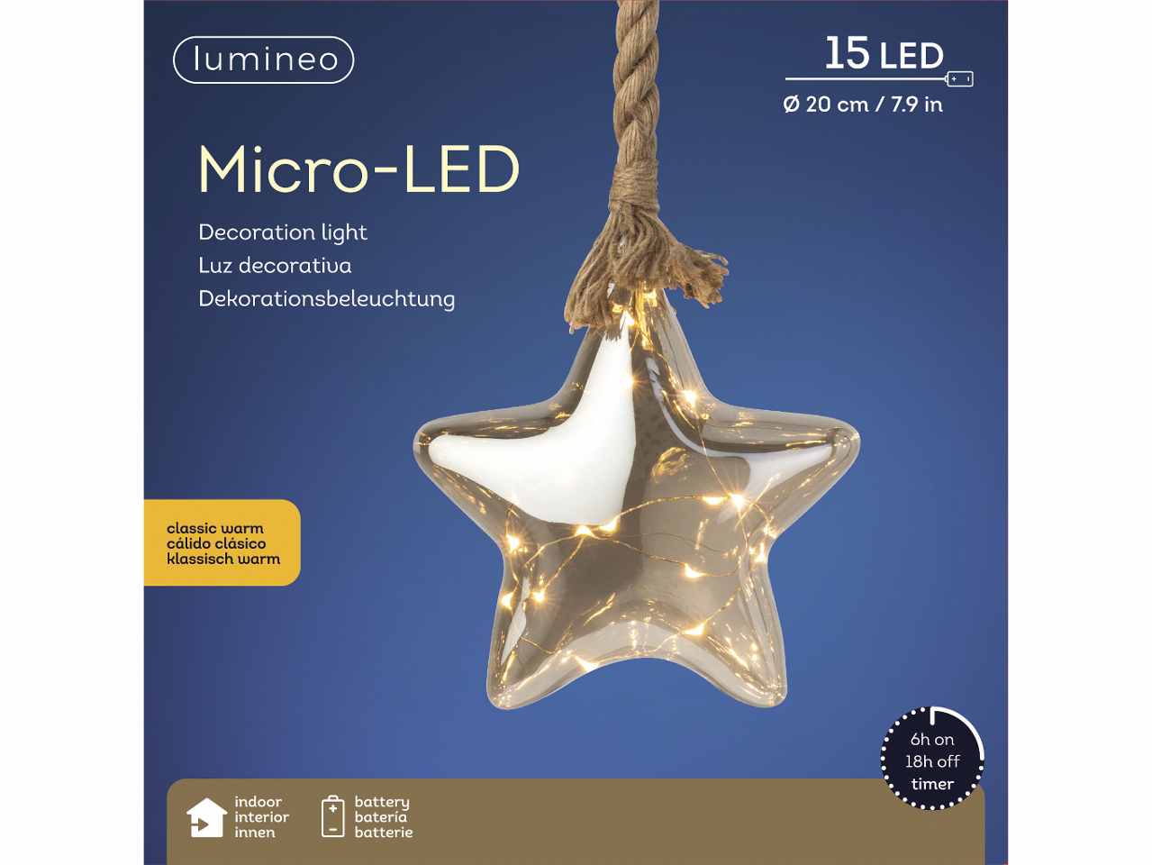 Stella luminosa da appendere led bianco caldo d.20cm