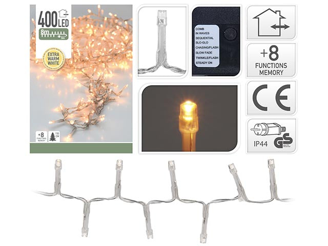 Catena luci 400led bianco caldo cavo trasparente uso esterno sax851120