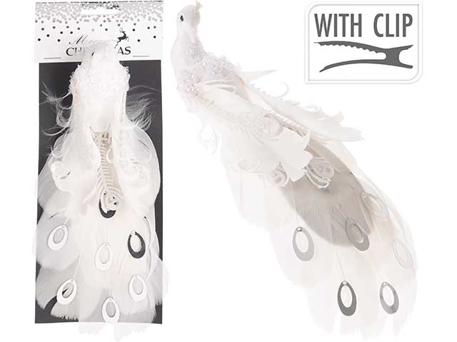 pendente natalizio clip pavone bianco 6x5x25cm