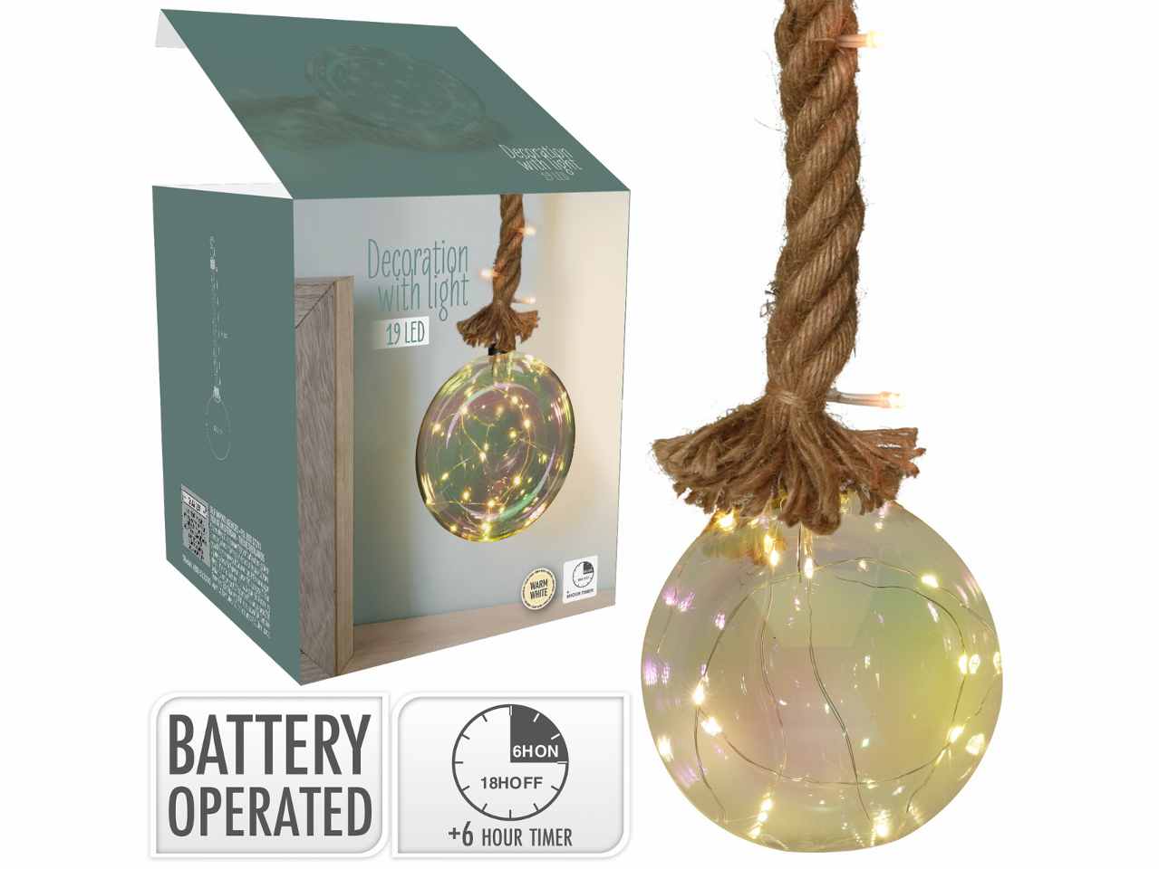 Sfera vetro 12cm con 19led bianco caldo e  abr522570