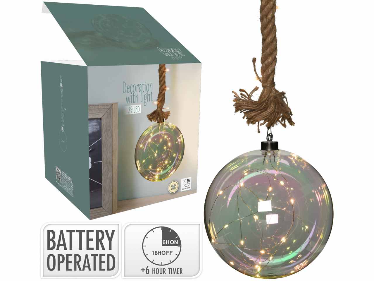 Sfera vetro 20cm con 29led bianco caldo e abr522590