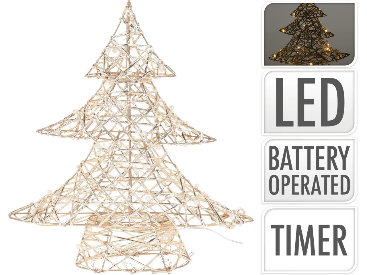 Albero di natale colore oro con perle misura 40cm con 30 led a batteria