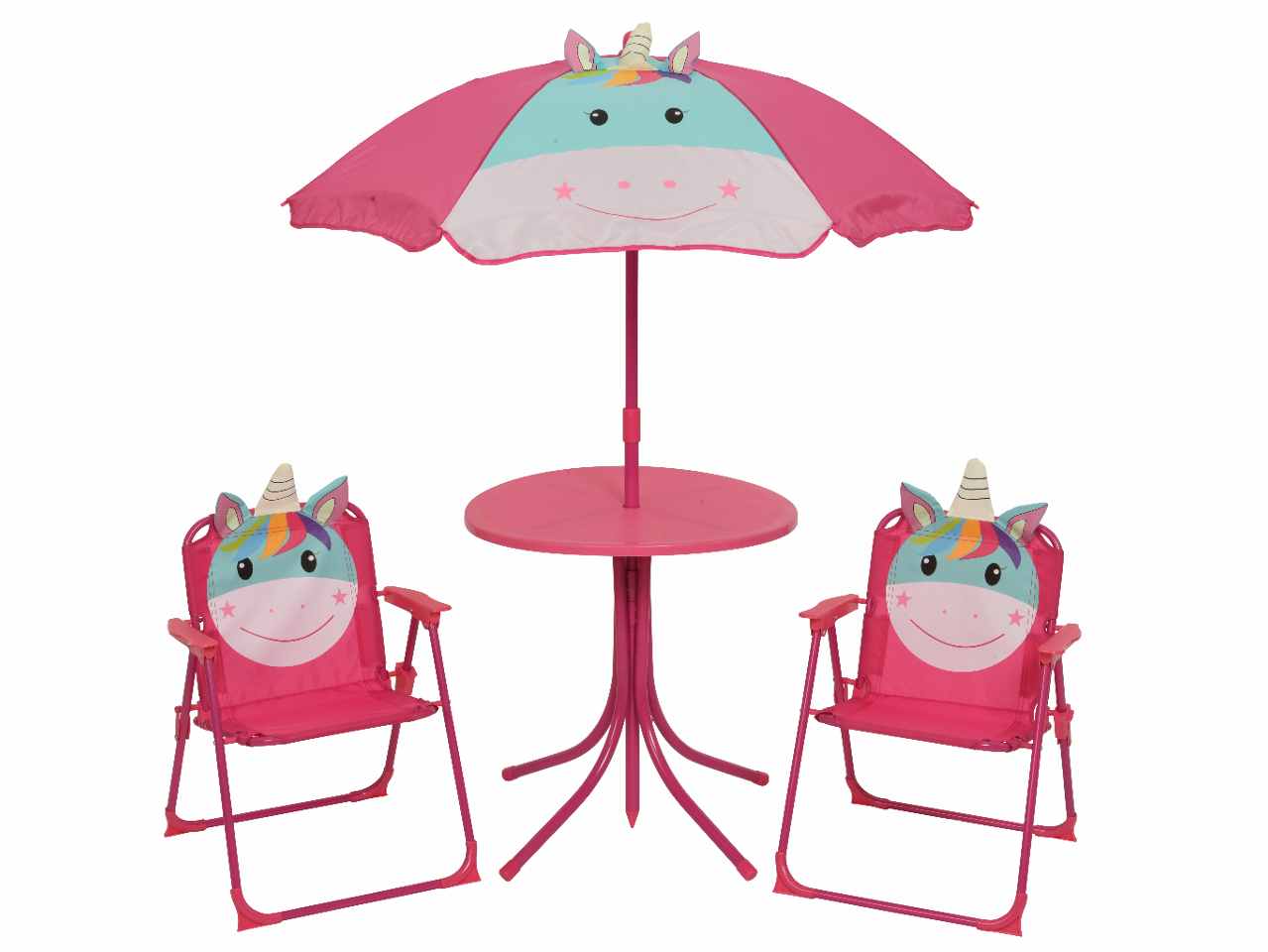 Tavolino ombrellone unicorno con sedie per bambina