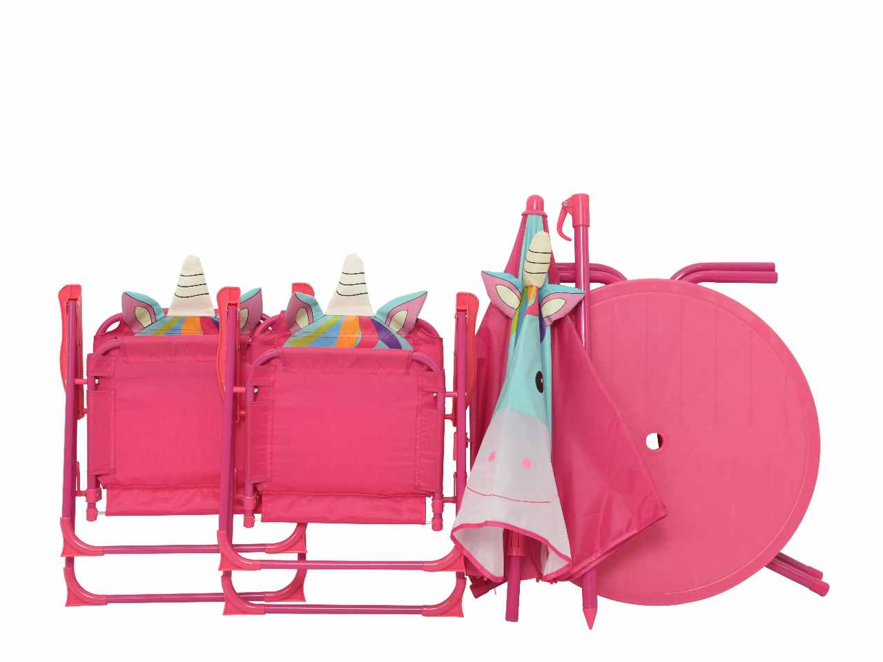 Tavolino ombrellone unicorno con sedie per bambina