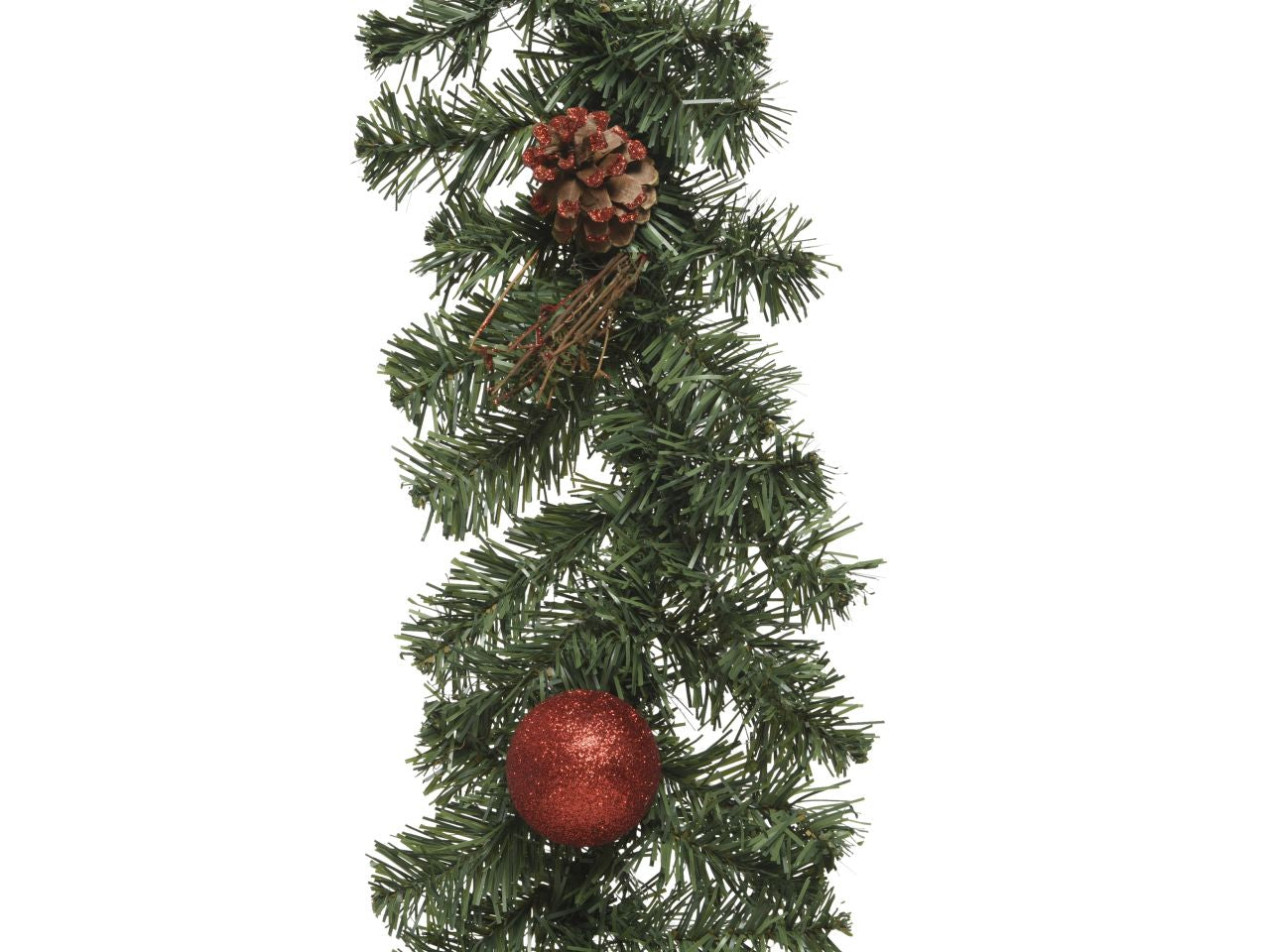 Ghirlanda con pallina di natale e pigna glitterata per uso interno colore verde e rosso misura lun.180cmd.23cm