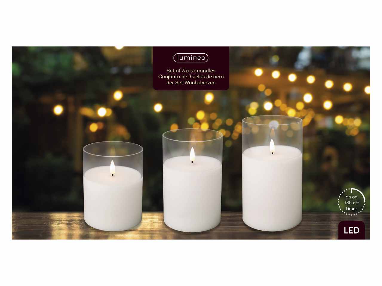 Candele bianche set da 3 pezzi led bianco caldo in bicchiere di vetro h.12,5-15-17,5cmxd.10cm