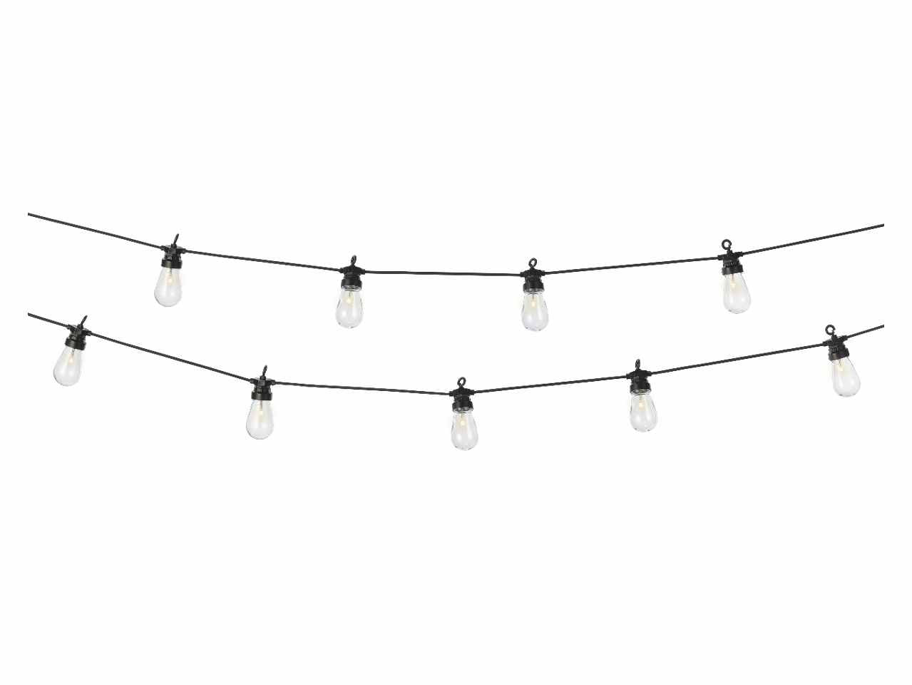 Catena lineare per feste 20 lampadine led luce fissa bianco caldo per esterno, cavo nero lungo 300cm.