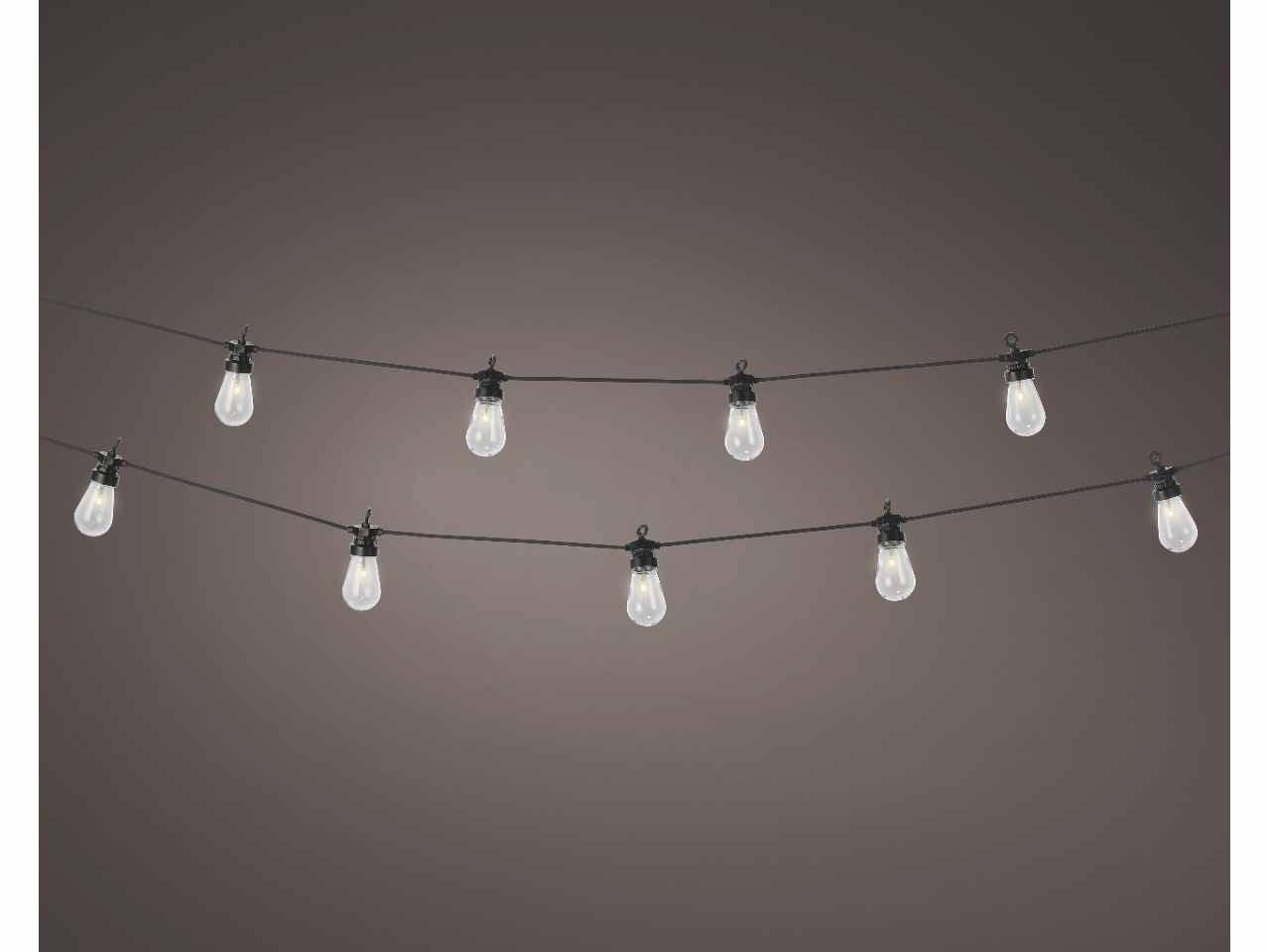 Catena lineare per feste 20 lampadine led luce fissa bianco caldo per esterno, cavo nero lungo 300cm.