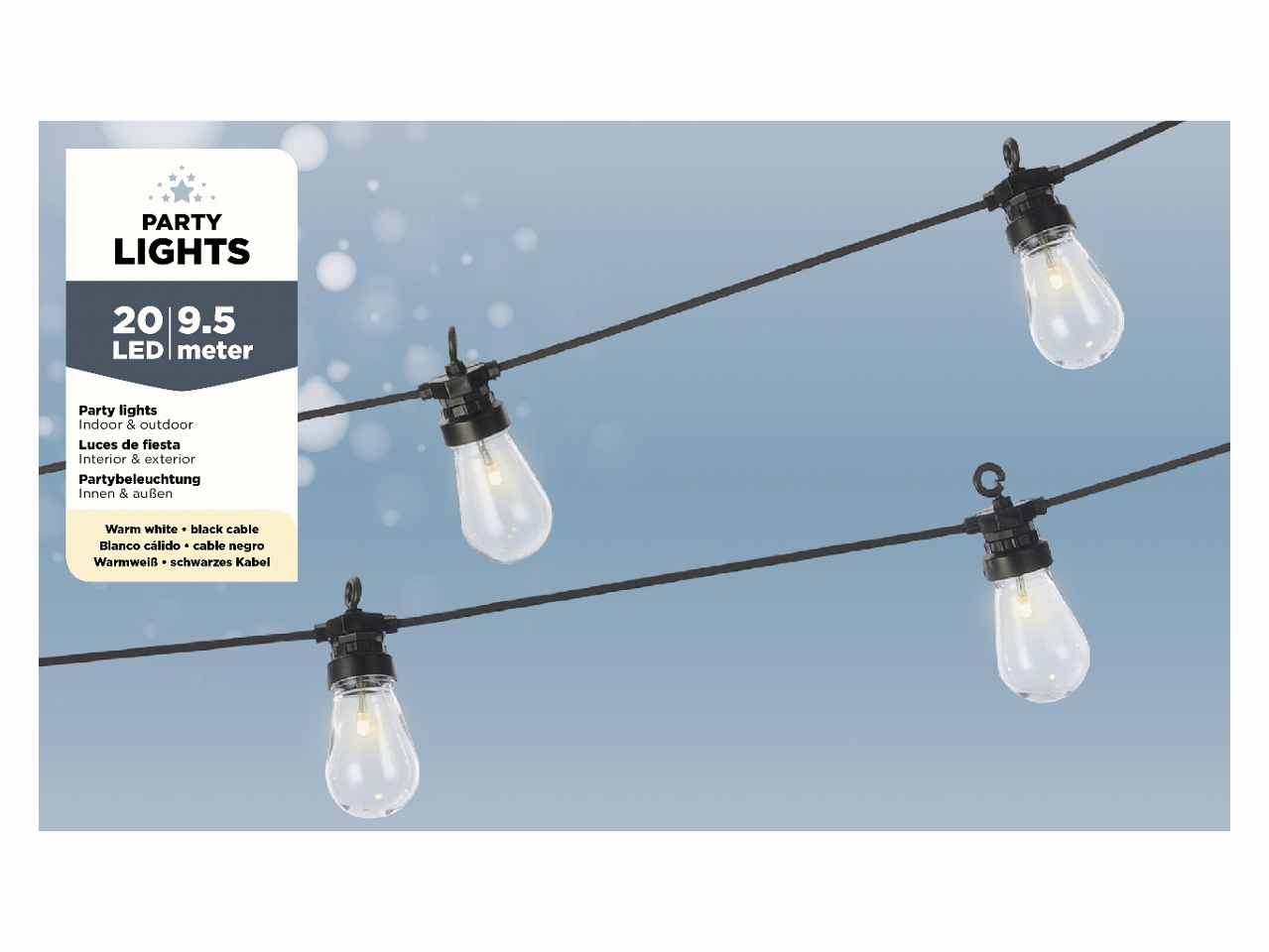 Catena lineare per feste 20 lampadine led luce fissa bianco caldo per esterno, cavo nero lungo 300cm.