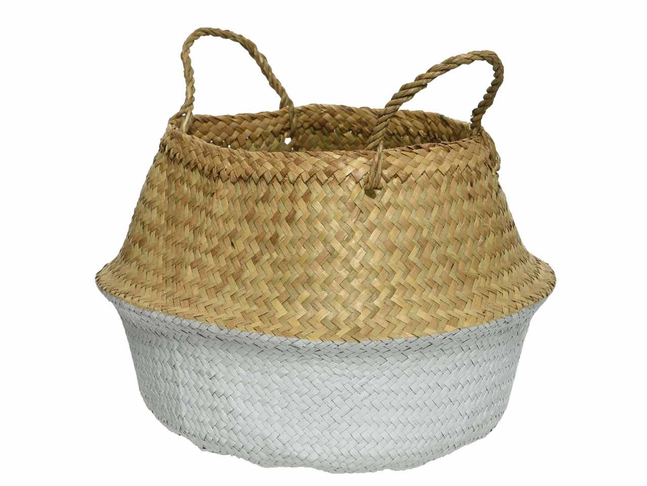 Cesto in alga marina bicolore metà bianco e metà naturale con manico d.35xh.30cm