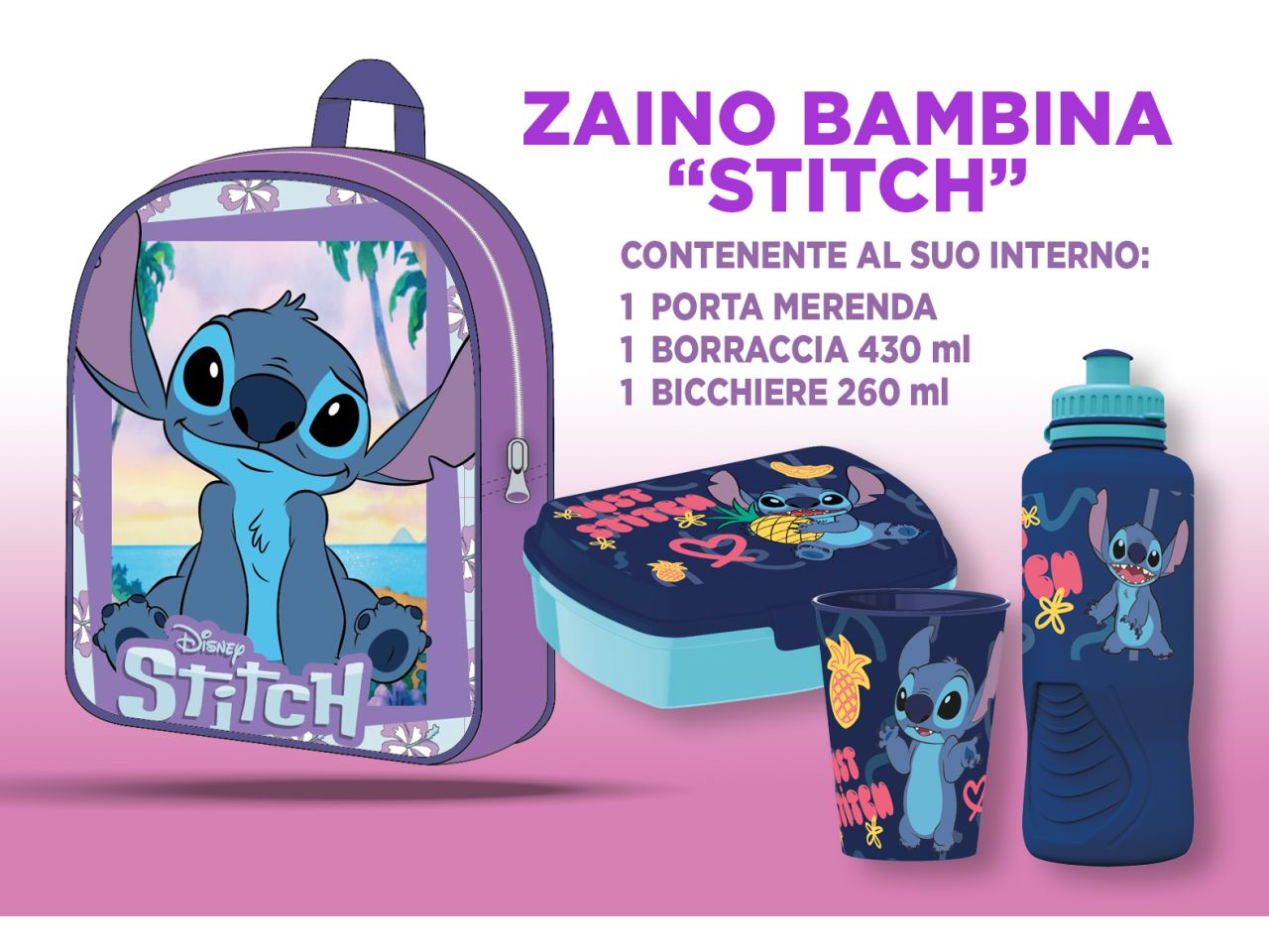 Zainetto stitch da bambina basic misura 30cm con accessori