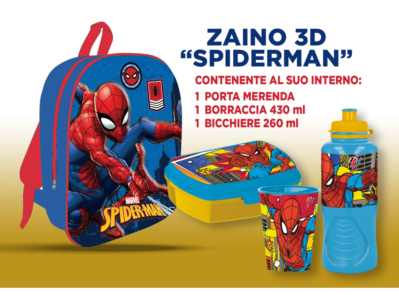 Zainetto spiderman 3d misura 30cm con accessori