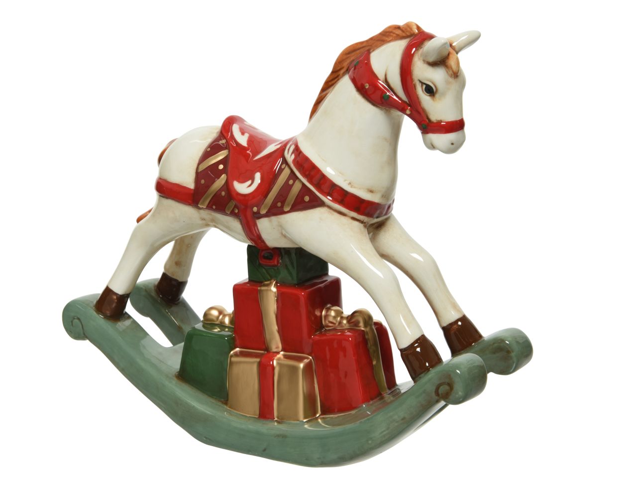 Cavallo a dondolo con pacchi regalo dolomite smaltato colore multicolore misura lun.20.5cm x lar.6cm x alt.19cm