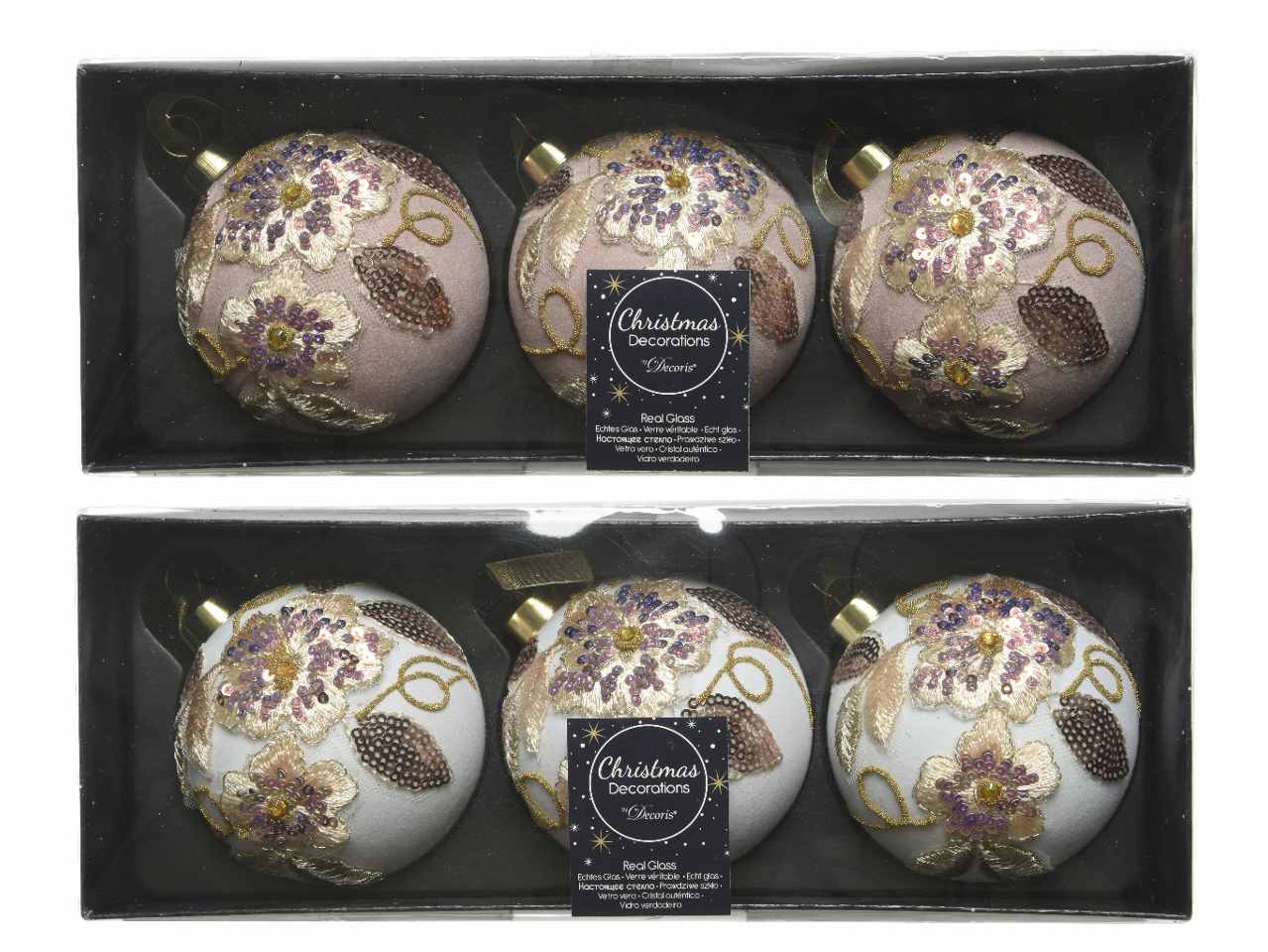 Sfera in vetro con fiori glitterati in rilievo d.8cm nei colori rosa e bianco. confezioni da 3 pezzi