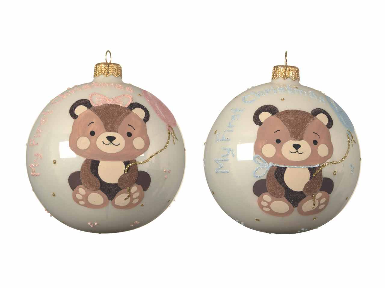 Sfera in vetro d.10cm decorato con orso e palloncino bianco