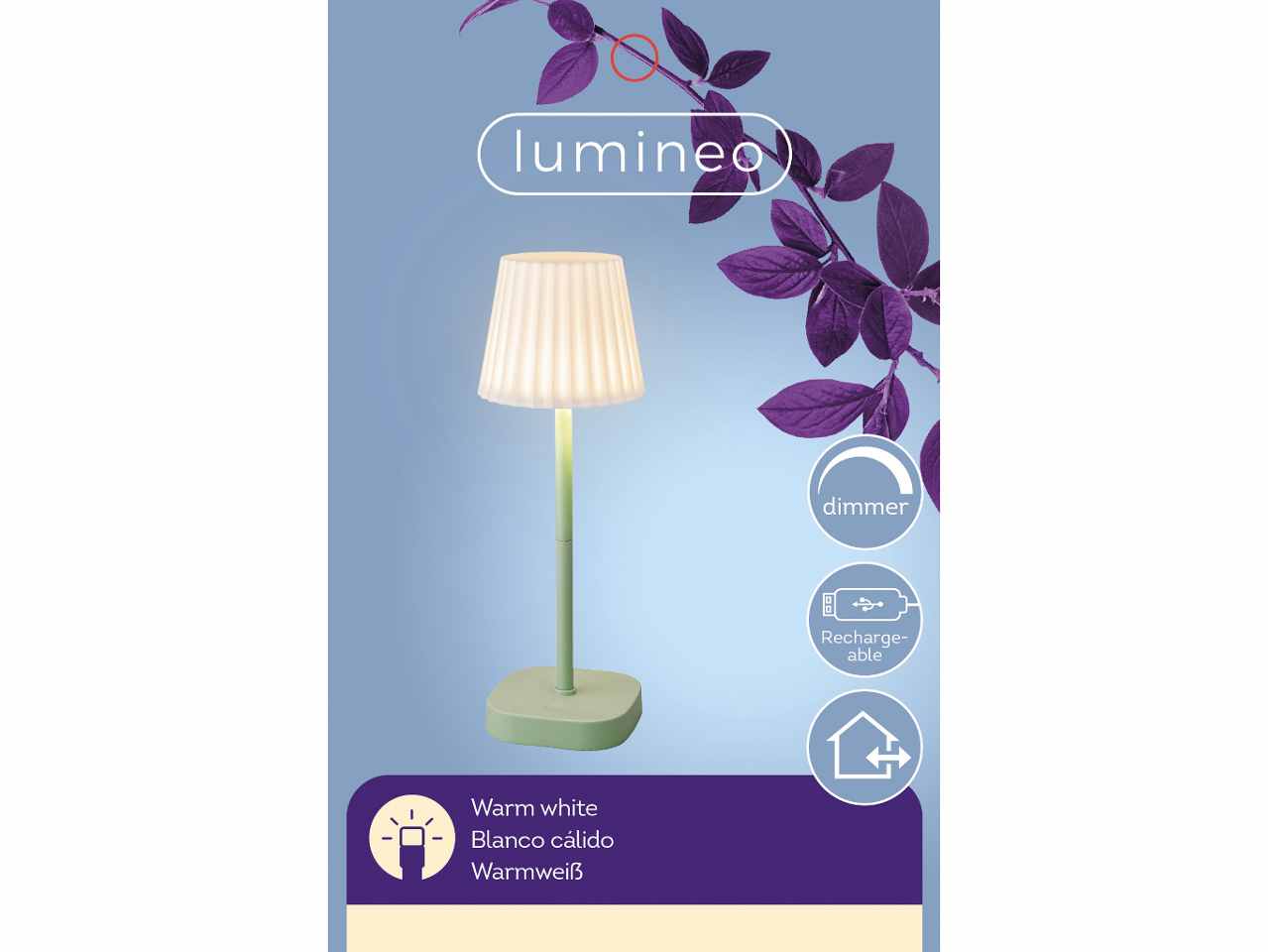 Lampada da tavolo a led bianco caldo in plastica cavo da 100cm alimentazione usb batteria 14500 li-ion 400mah colore light blue d.12xh.34.5cm