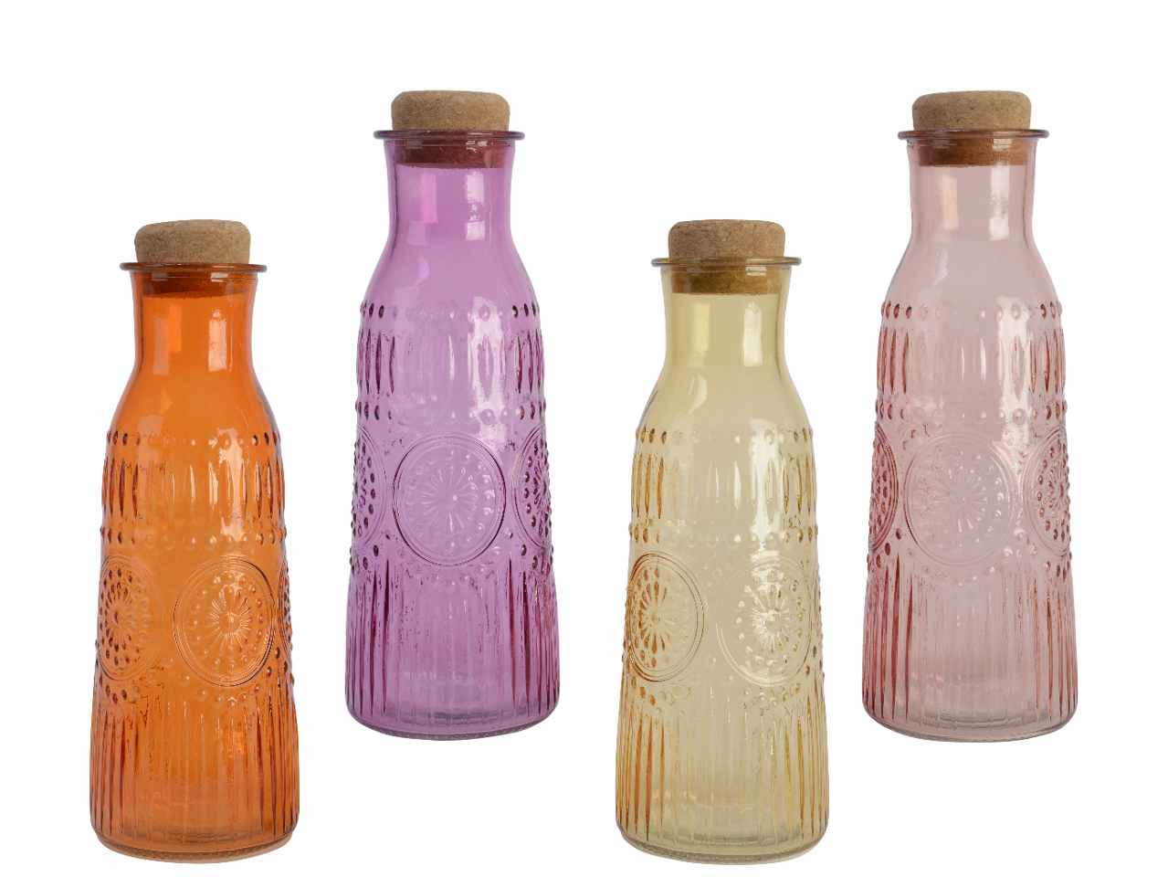 Caraffa per acqua in vetro trasparente con tappo in sughero per alimenti 4 colori assortiti d.9.5xh.27cm
