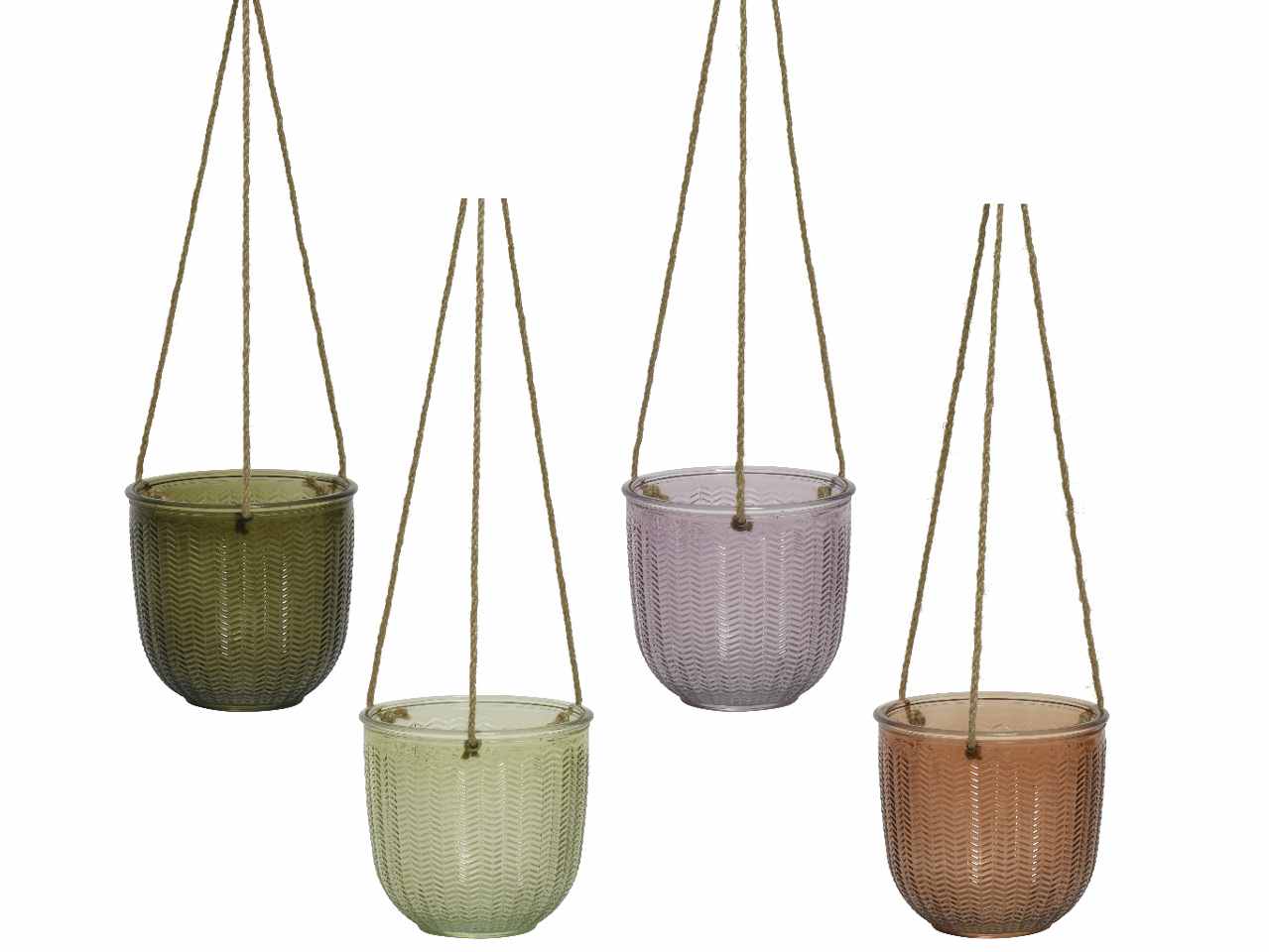 Fioriera decorativa in vetro trasparente con gancio e corde in juta per sospensione per uso interno d.14.5xh.13.5cm