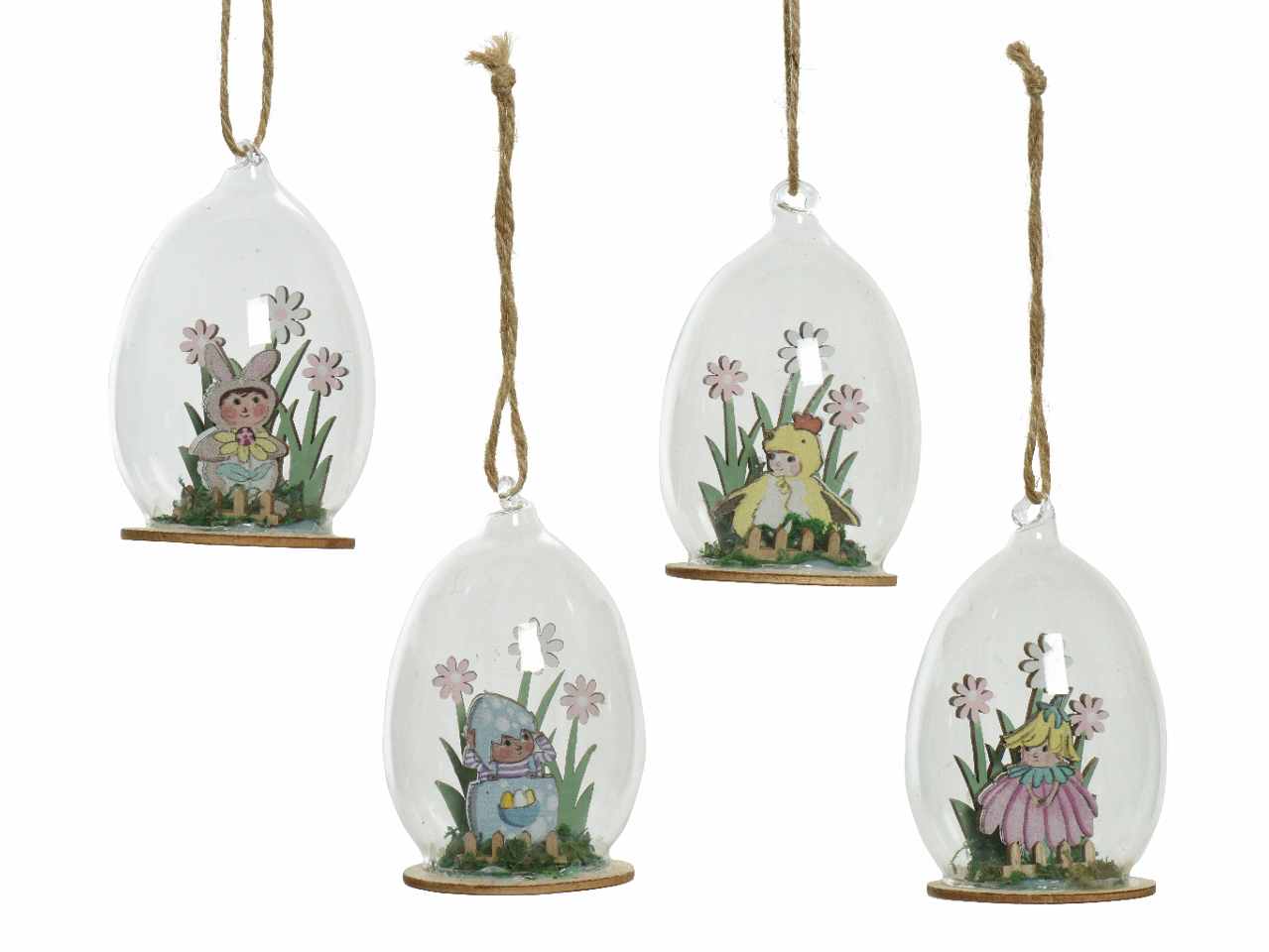 campana in vetro trasparente con figure pasquali amici del prato su sfondo floreale e corda in juta per sospensione 4 assortimenti d.6xh.9cm