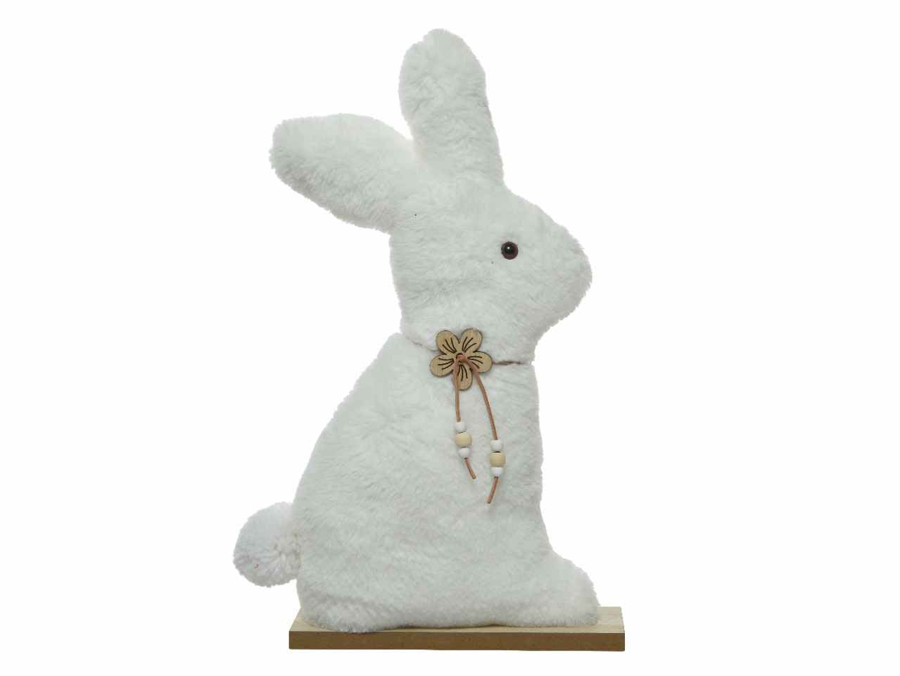 Coniglio decorativo con finta pelliccia in poliestere con collana in compensato e juta con fiore 13xh.21cm