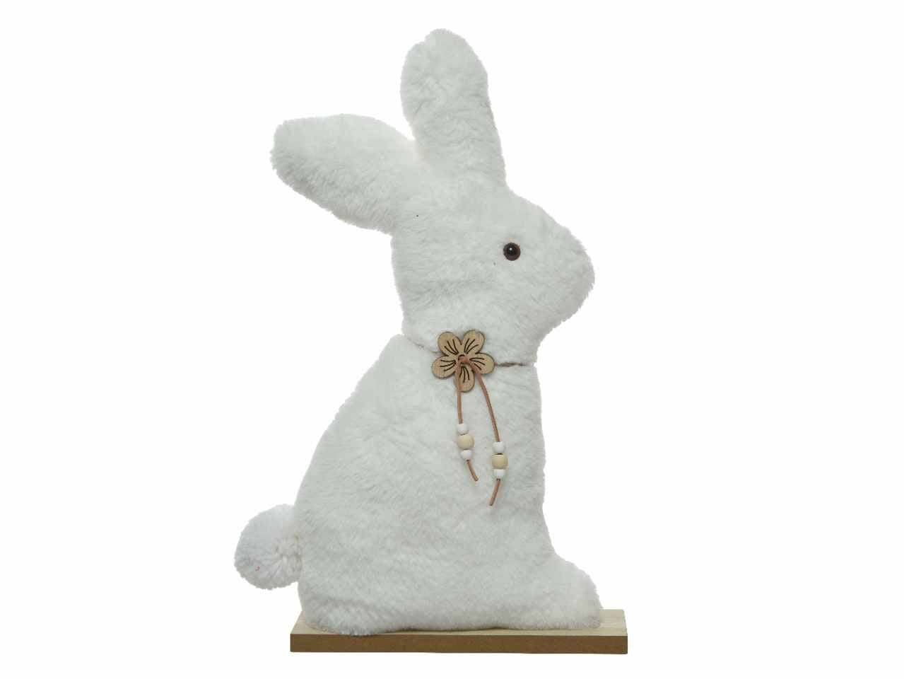Coniglio decorativo con finta pelliccia in poliestere con collana in compensato e juta con fiore 32xh.57cm
