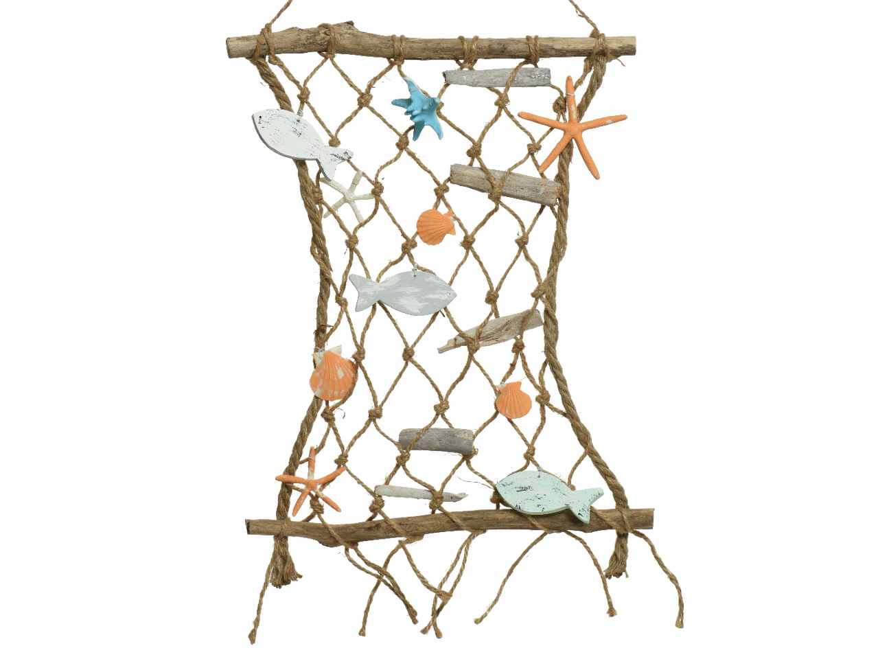 Rete da pesca decorativa in juta con decorazioni stelle marine e conchiglie di plastica fatto a mano da interno ed esterno pesci in legno di paulownia con ganci per sospensione 38xh.57cm