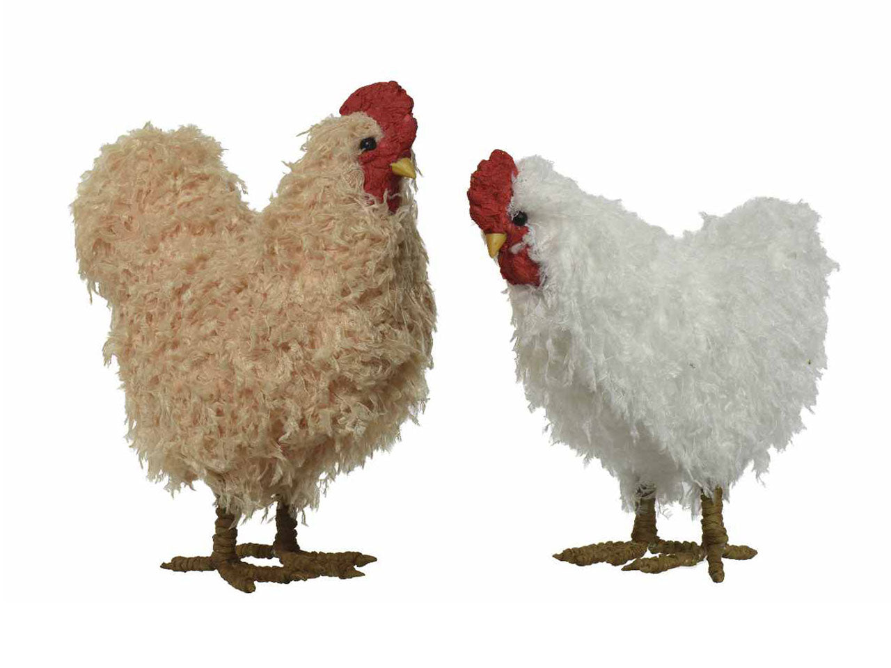 Gallo e gallina decorativi in poliestere fatti a mano gallo 35x14xh.30cm gallina 25x14xh.27cm 2 modelli assortiti