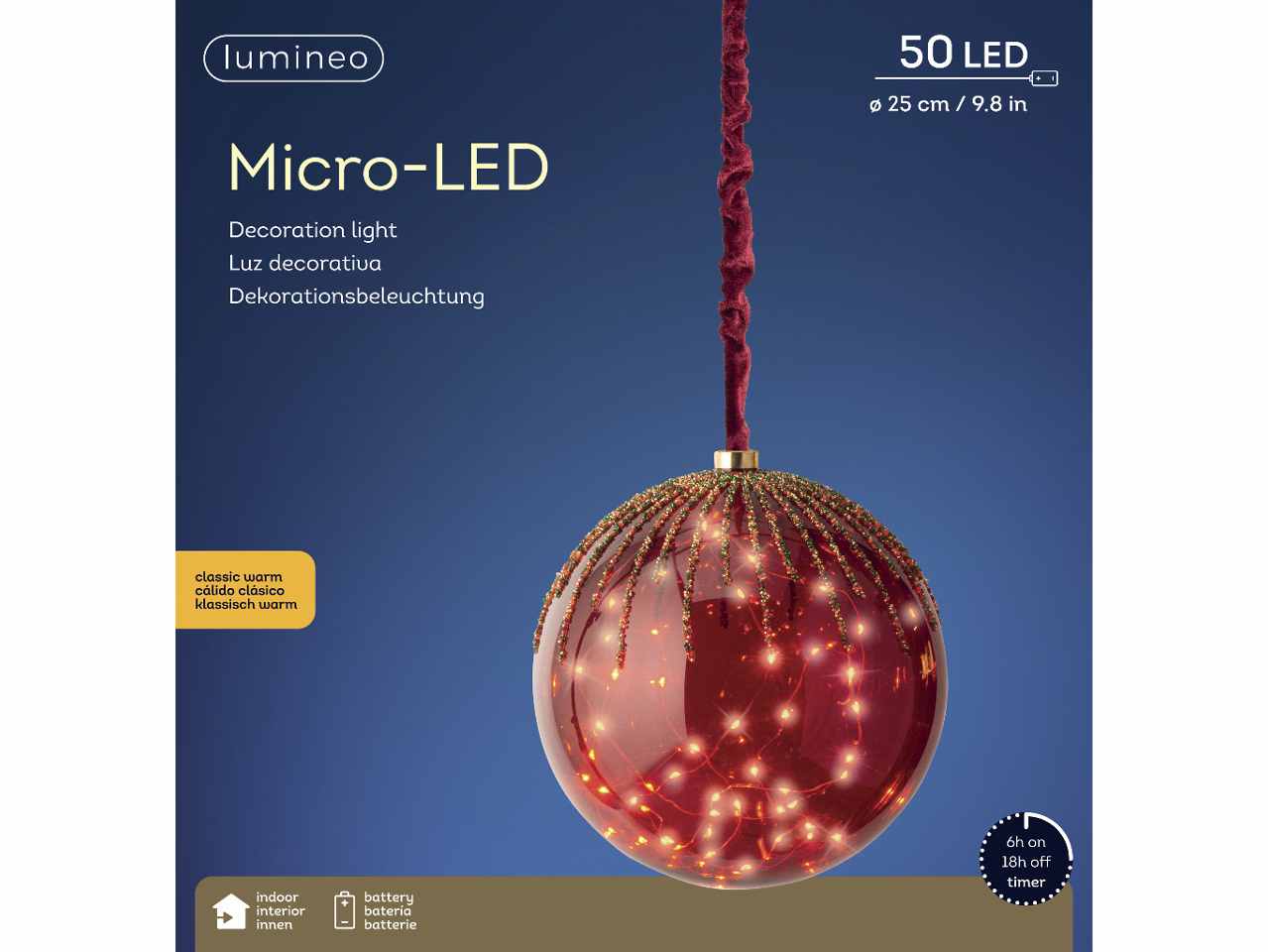 Sfera con microled bianco caldo d.25cm oro con funzionamento a batteria e uso interno da appendere