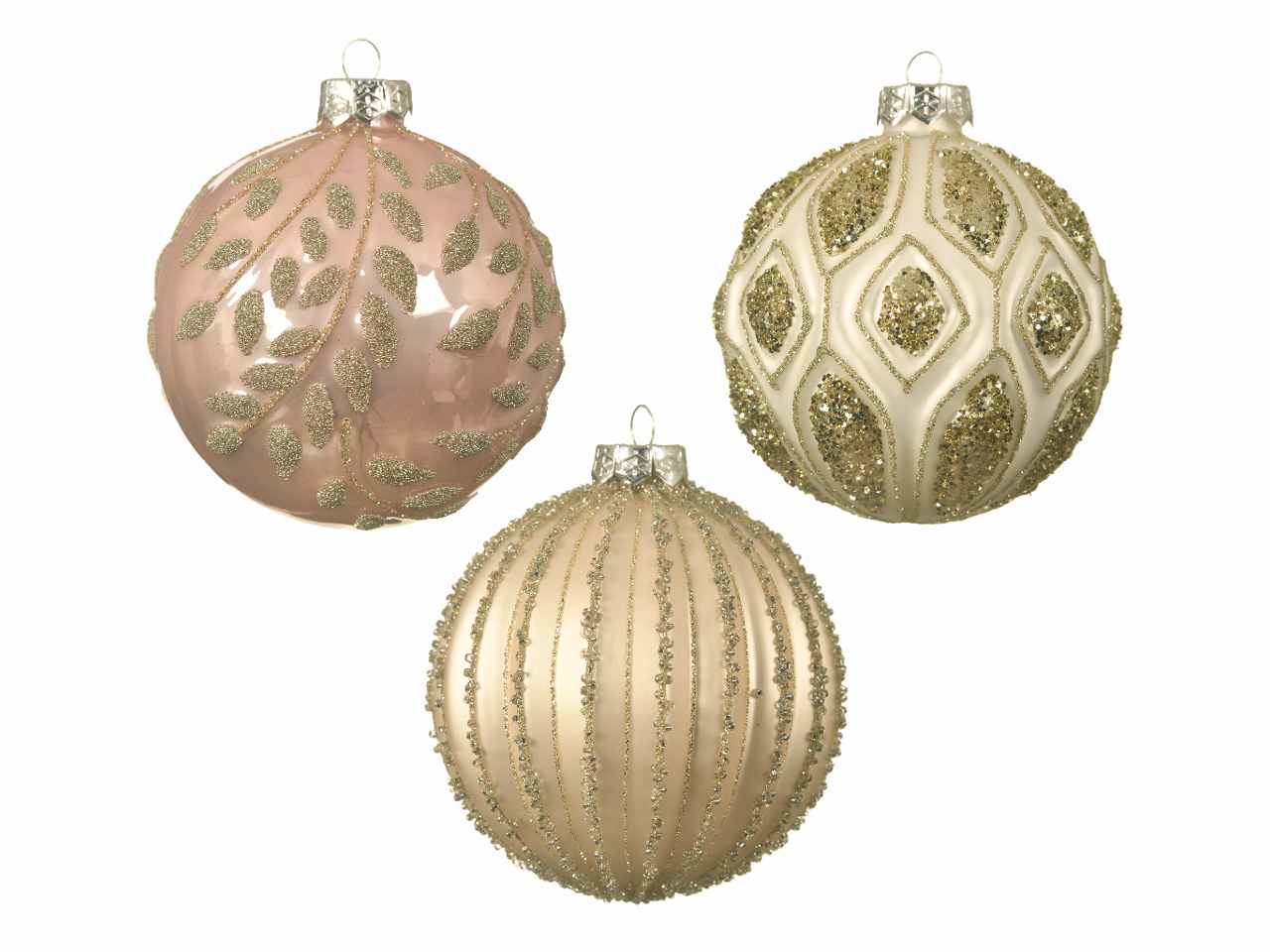 Sfere in vetro opaco e lucido d.10cm con glitter e cristalli d.10cm nei colori rosa e oro