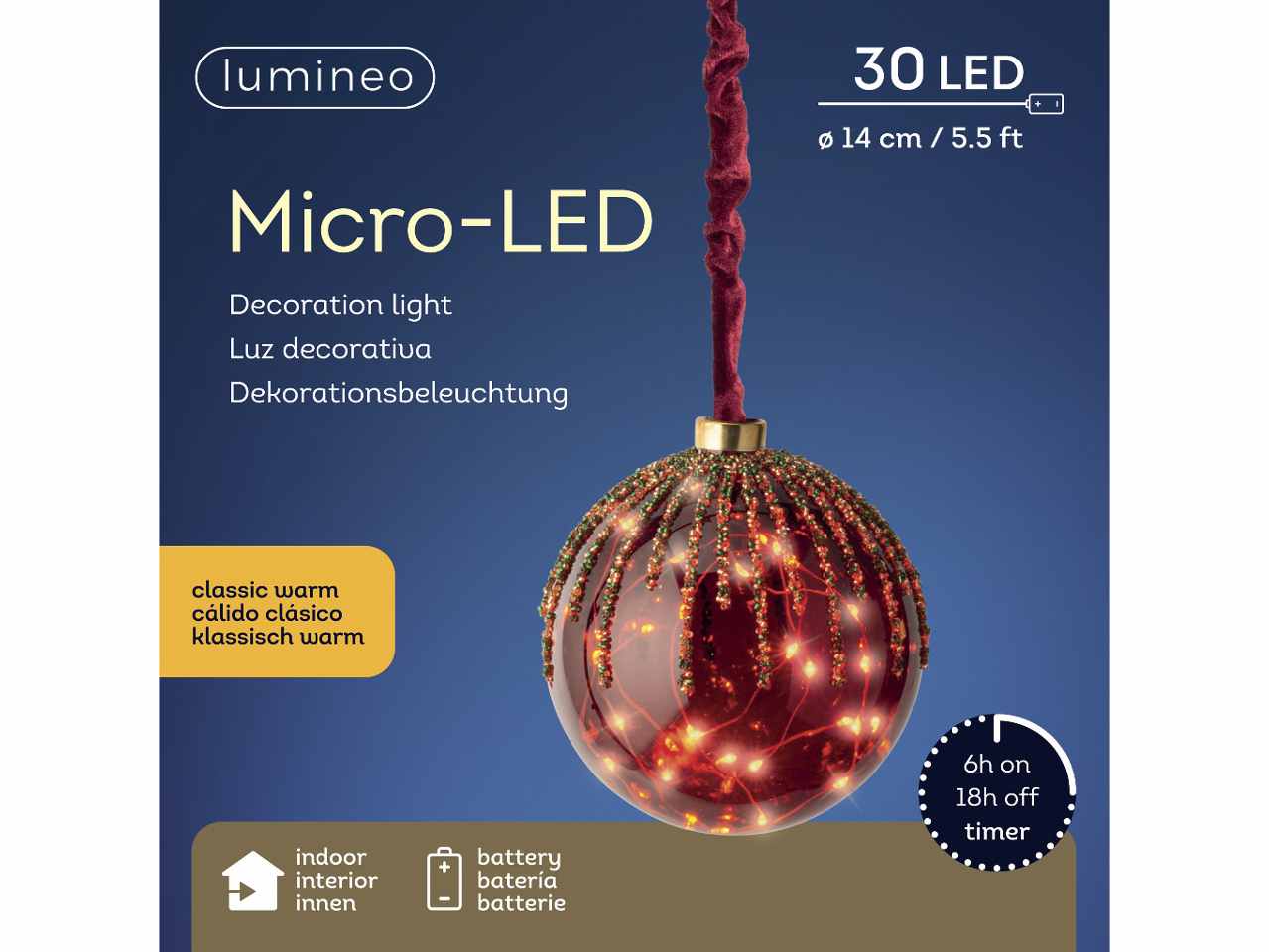 Sfera con microled bianco caldo d.14cm oro con funzionamento a batteria e uso interno da appendere