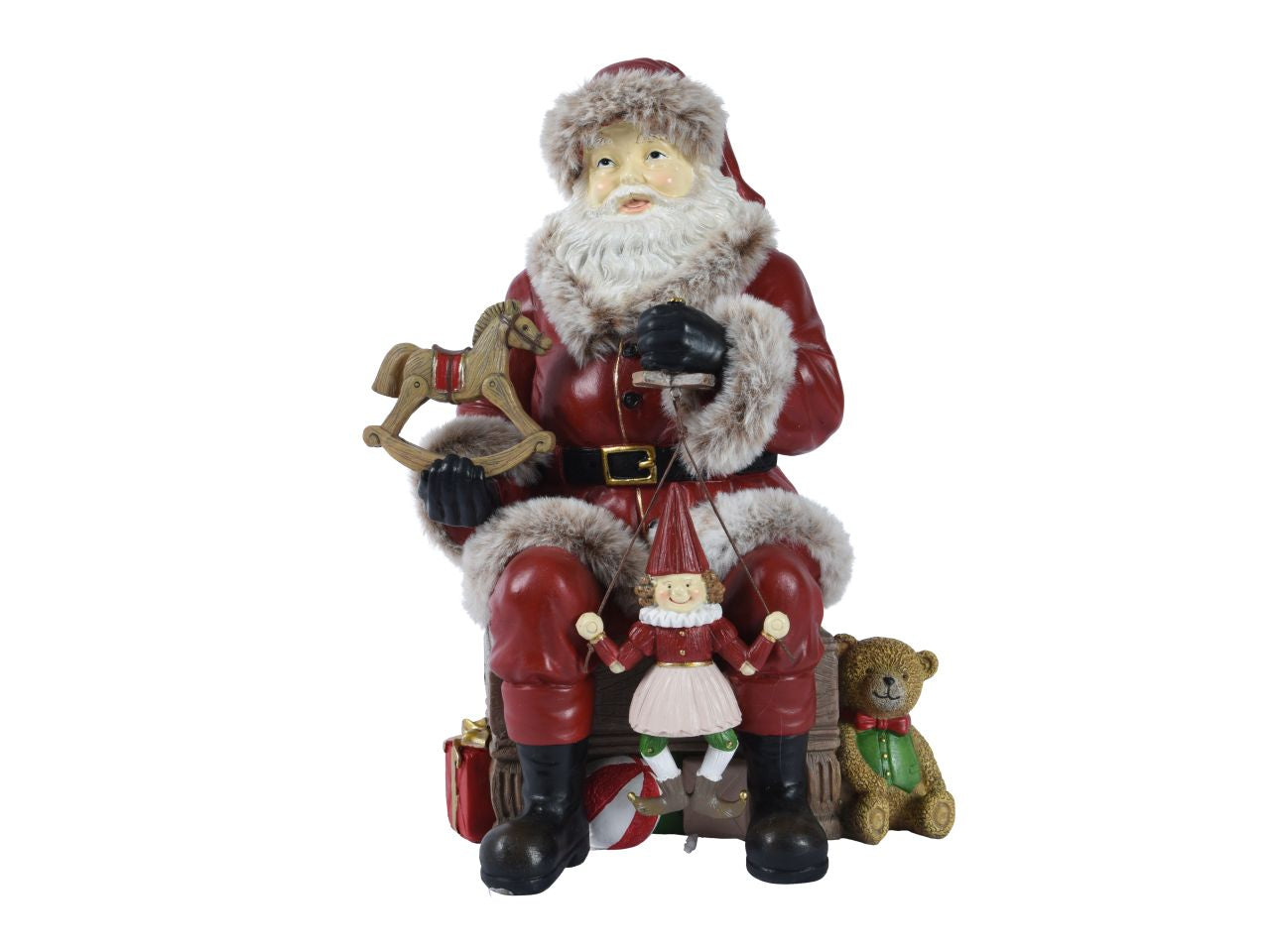 Babbo natale seduto sui pacchi regalo con cavalluccio a dondolo e burattino colore rosso misura lun.17cm x lar.22.6cm x alt.30cm