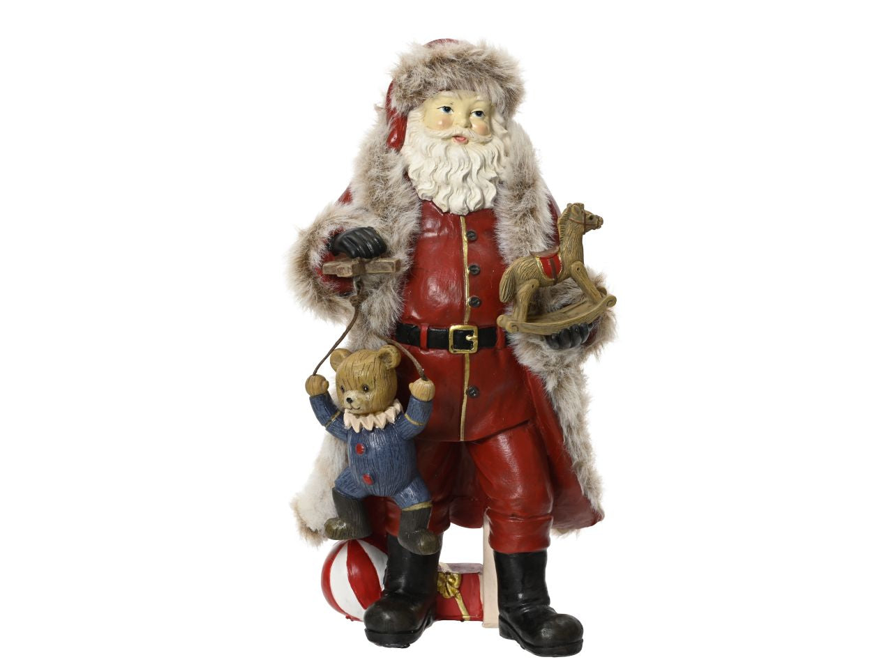 Babbo natale in poliresina con cavalluccio a dondolo e burattino colore rosso misura lun.9.5cm x lar.11cm x alt.22cm