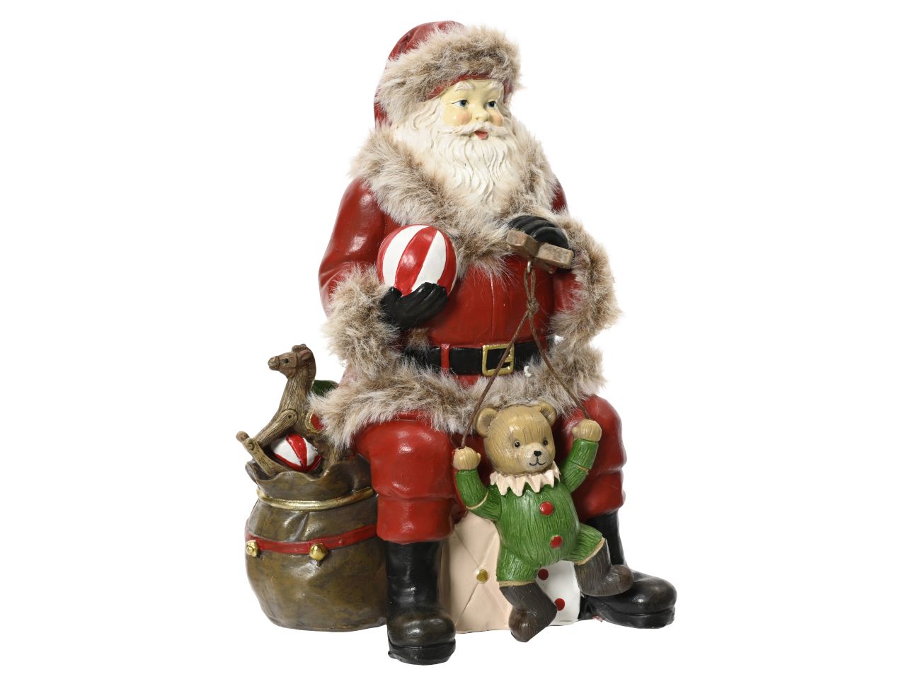 Babbo natale seduto sui pacchi regalo con palla e burattino colore rosso misura lun.9.7cm x lar.13cm x alt.19cm