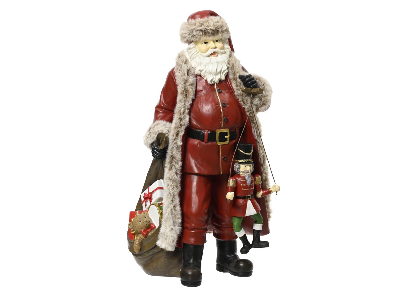 Babbo natale in poliresina con sacco dei regali e burattino colore rosso misura lun.15.7cm x lar.21.4cm x alt.38cm