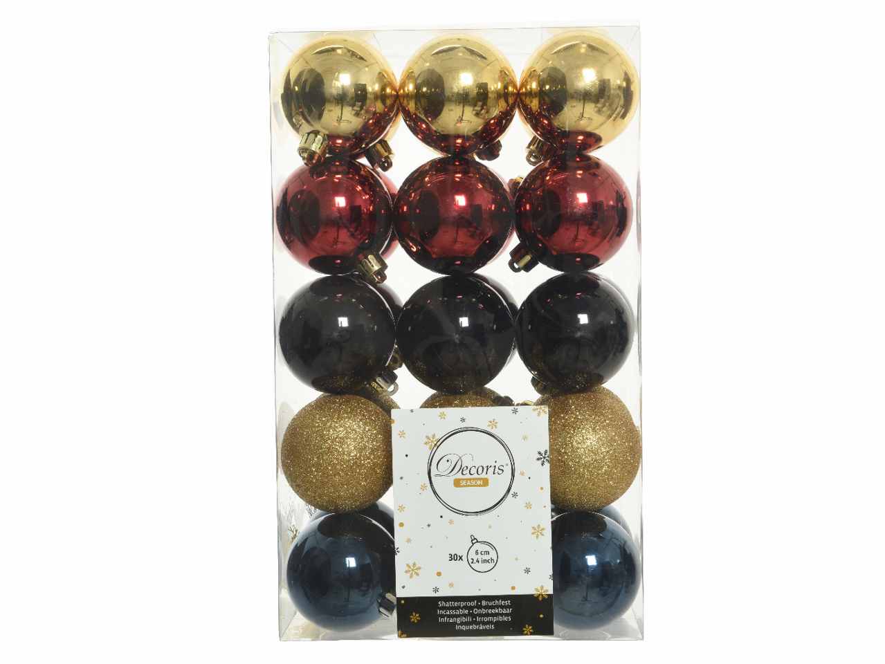 Sfera d.6cm 30 pezzi nei colori oro , rosso e blu