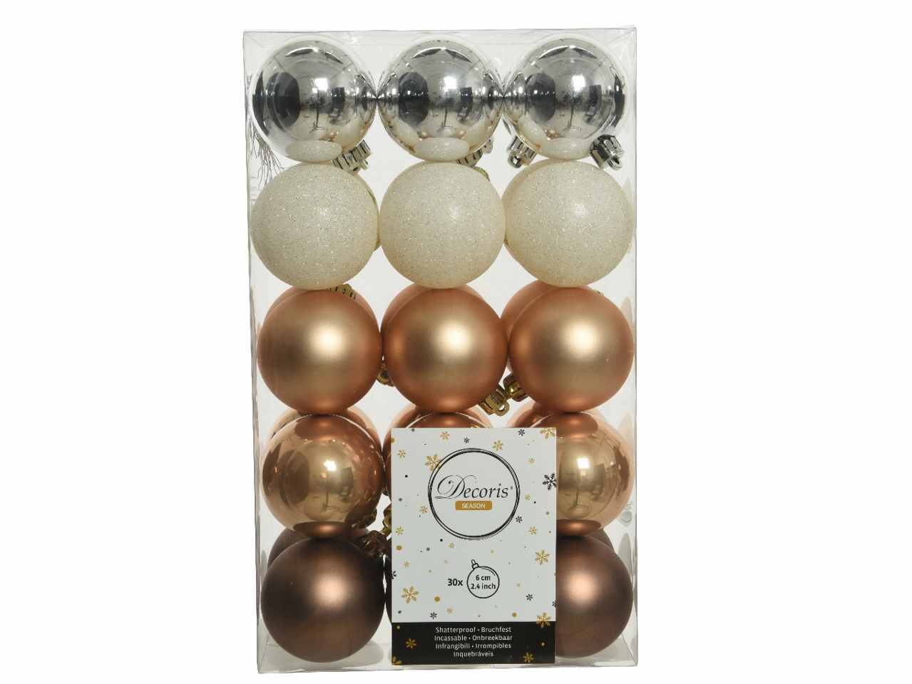 Sfera d.6cm 30pz nei colori bianco, rame e argento
