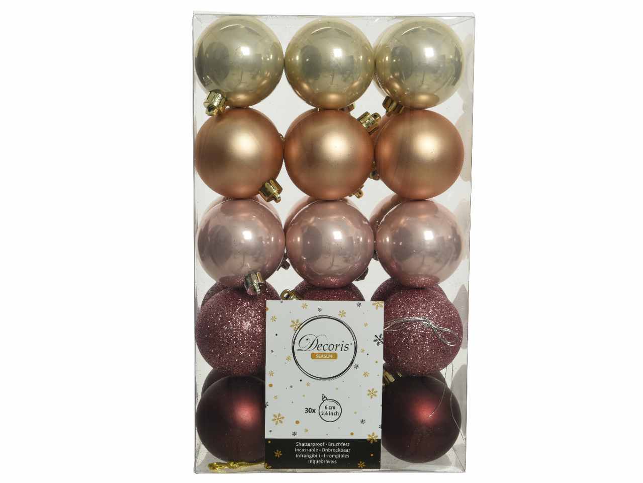 Sfera d.6cm 30pz nei colori rosa, oro e rossa