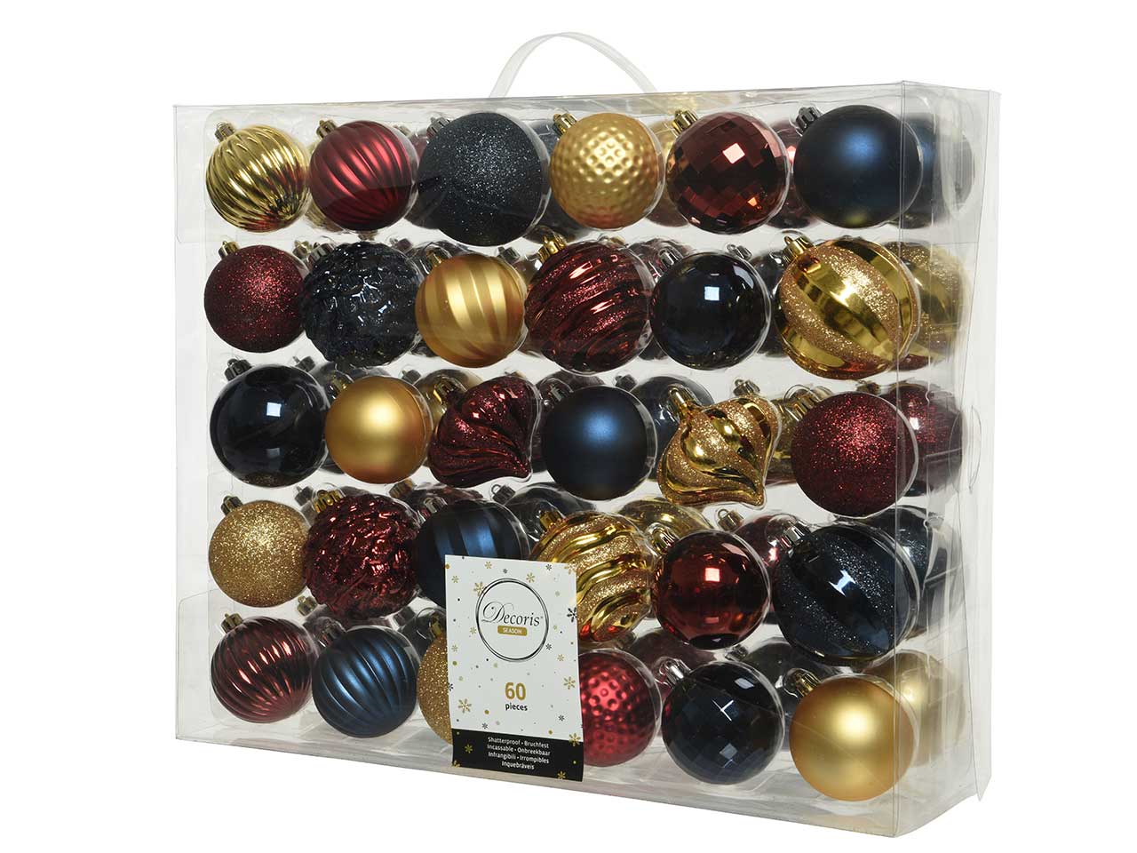 Sfera d.7cm 60 pezzi nei colori oro rosso e blu