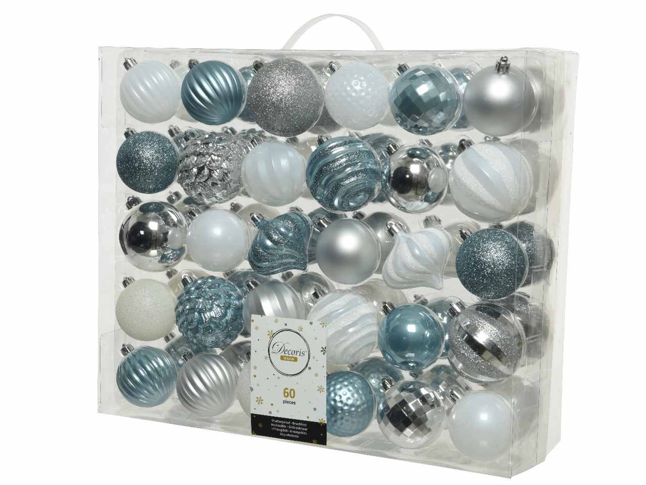 Sfera d.7cm 60 pezzi nei colori bianco, argento e celeste
