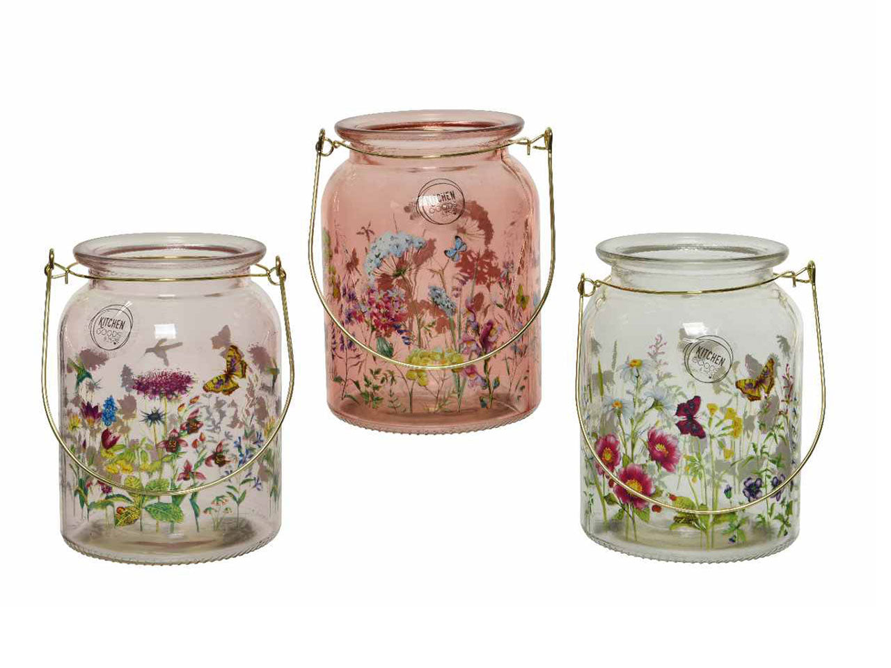 Vaso in vetro tondo con manico in metallo 3 assortimenti con diverse decalcomanie floreali 10.80xh.14.80