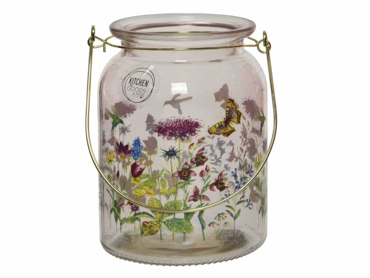 Vaso in vetro tondo con manico in metallo 3 assortimenti con diverse decalcomanie floreali 10.80xh.14.80
