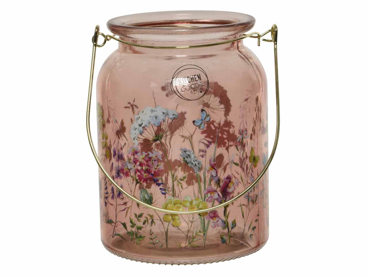 Vaso in vetro tondo con manico in metallo 3 assortimenti con diverse decalcomanie floreali 10.80xh.14.80